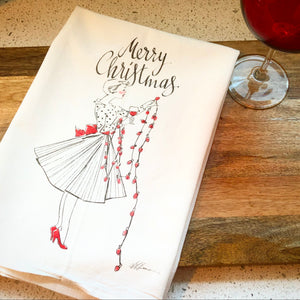 50's Christmas Wine Girl Flour Sack Kitchen Towel