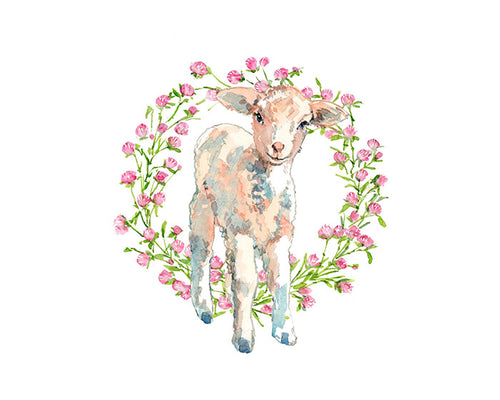 Baby Lamb Flowers Nursery Watercolor Print