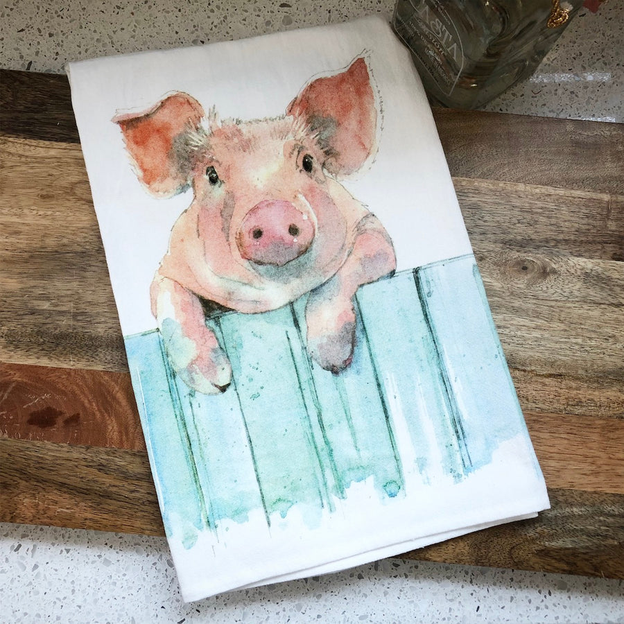 Pig Fence Flour Sack Kitchen Towel Rainy Day Illustrations   Pig Towel 900x.JPG