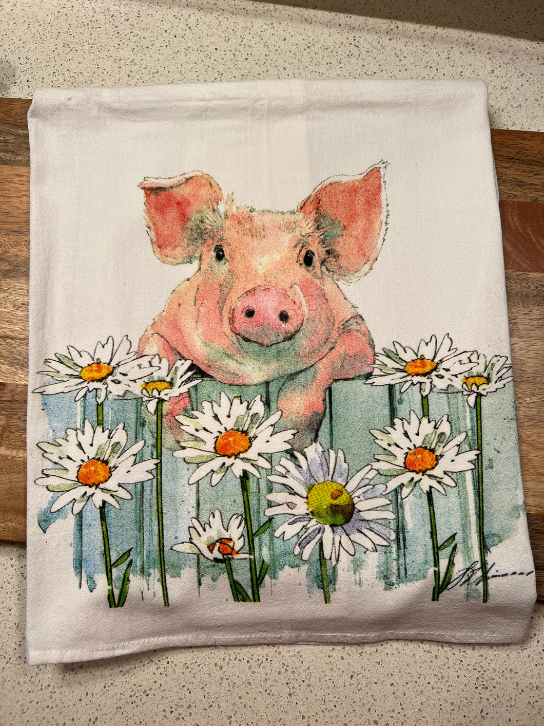 Pig Fence Daisies Flour Sack Kitchen Towel