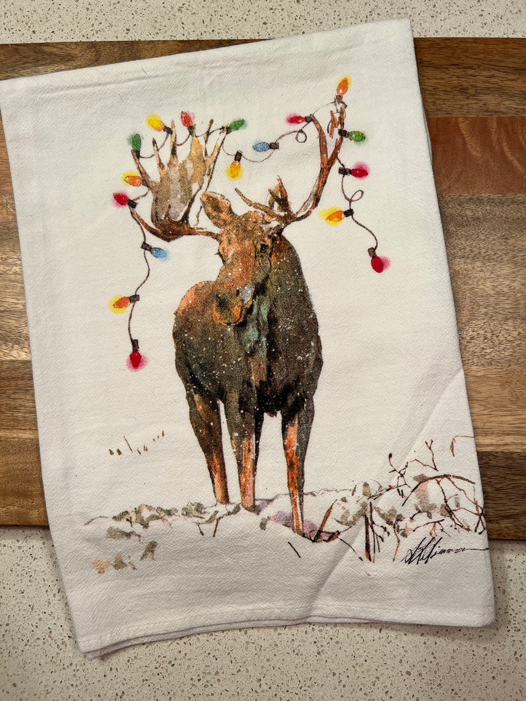 Moose Christmas Lights Flour Sack Kitchen Towel
